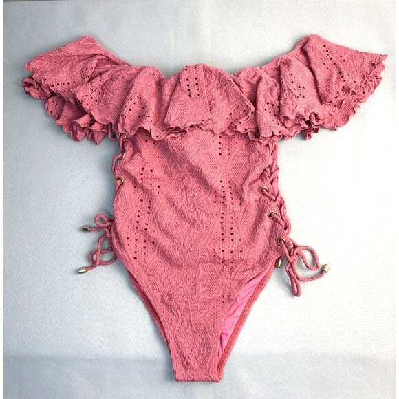 New Pink Swimsuit One Piece Lucia Ruffle Off Shoulder Side Tie Lined S-XL $170 - Picture 6 of 16